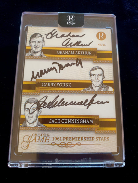1961 REGAL PREMIERSHIP STARS TRIPLE SIGNATURE CARD WITH GRAHAM ARTHUR, GARRY YOUNG AND JACK CUNNINGHAM