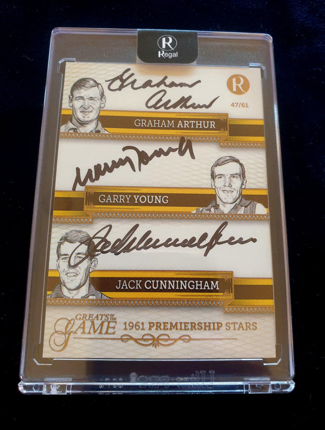 This limited-edition Hawthorn 1961 Premiership Stars triple signature card, numbered to only 61 cards features the signatures of Graham Arthur, Garry Young and Jack Cunningham.